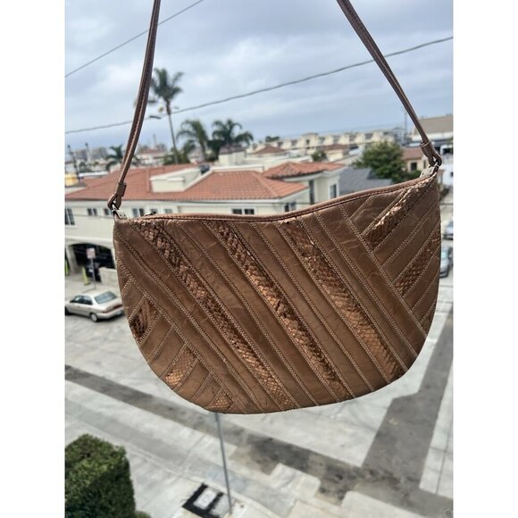 David Mehler for DAME 70s vintage snakeskin leather copper crescent shoulder bag - Picture 2 of 13